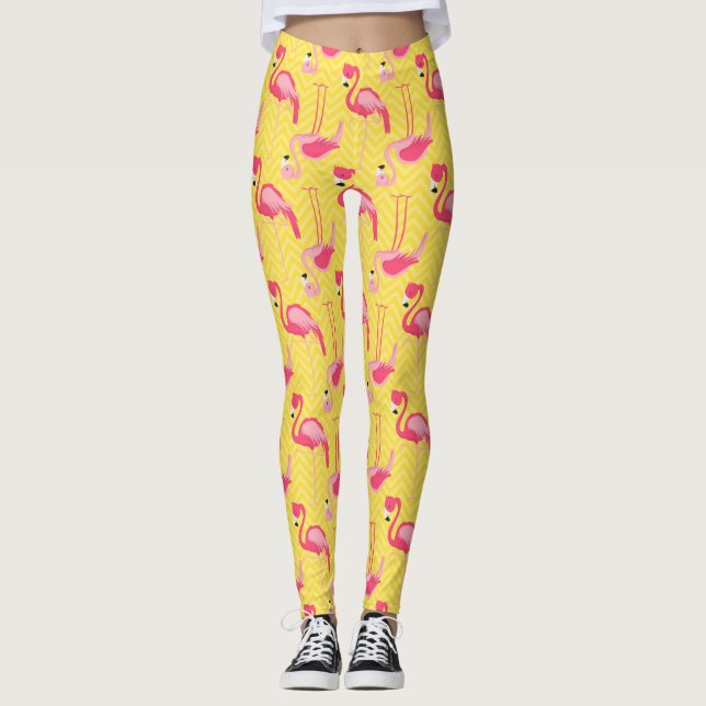 Pink Flamingo Pattern on Yellow Girly Leggings (Front)