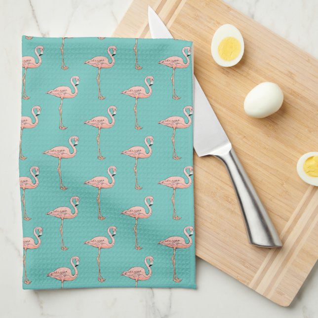 Pink Flamingo Pattern Tropical Retro Pick Color Kitchen Towel (Quarter Fold)