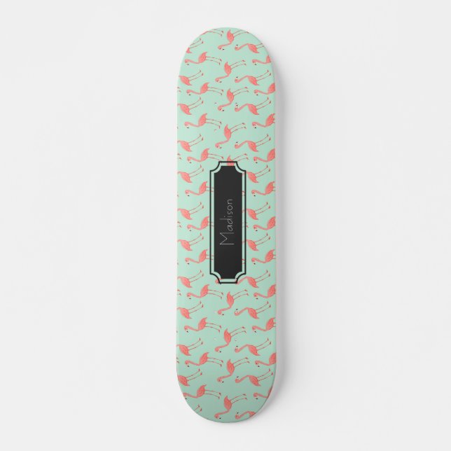 Pink Flamingo Pattern with First Name Skateboard (Front)
