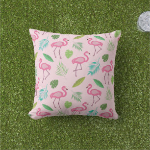 Pink Flamingo Pattern with Tropical leaves  Outdoor Pillow
