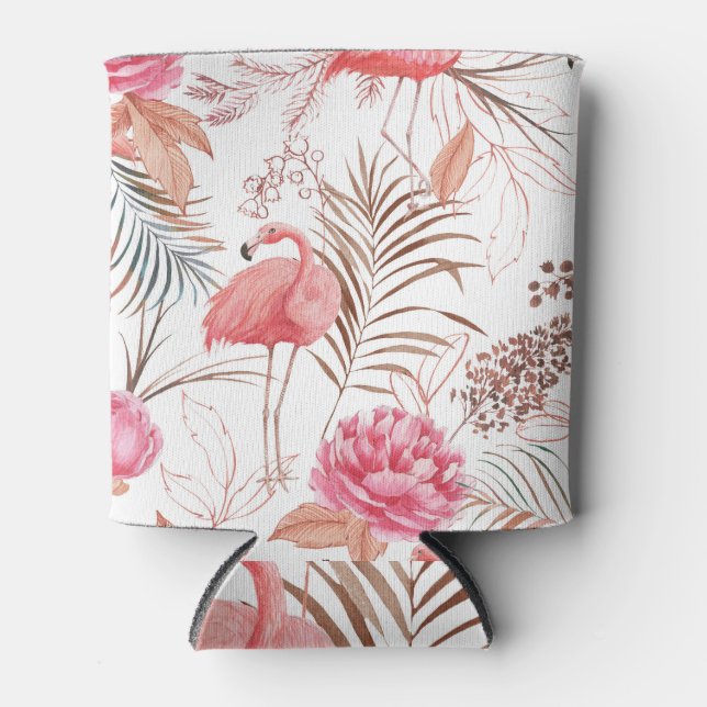 Pink flamingo, peony watercolor pattern. can cooler (Front)