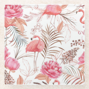 Pink flamingo, peony watercolor pattern. glass coaster