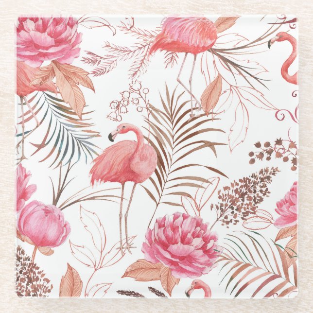 Pink flamingo, peony watercolor pattern. glass coaster (Front)