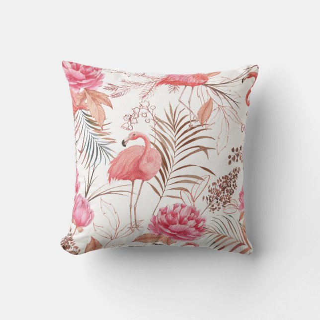 Pink flamingo, peony watercolor pattern. throw pillow (Front)