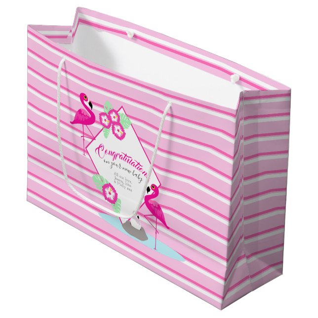 Pink flamingo personalized baby shower gift bag (Front Angled)