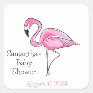 Pink Flamingo Personalized Baby Shower Square Sticker
