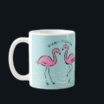 Pink Flamingo Personalized Coffee Mug<br><div class="desc">This tropical mug features a couple of pink flamingos wading in water.  Left side has a town and state and right side has a name for you to personalize.  Blue background colour may be changed by customizing.</div>