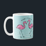 Pink Flamingo Personalized Coffee Mug<br><div class="desc">This tropical mug features a couple of pink flamingos wading in water.  Left side has a town and state and right side has a name for you to personalize.  Blue background colour may be changed by customizing.</div>