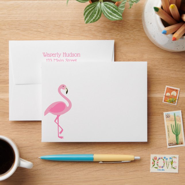 Pink Flamingo Personalized Stationery Envelopes (Desk)