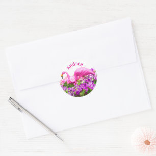 Pink Flamingo Petunia Art Add Custom Text  Classic Round Sticker
