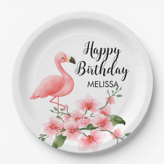 Pink Flamingo Pink Orchid Flora Birthday Paper Plate (Front)