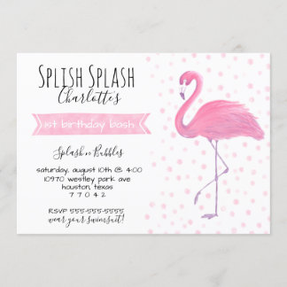 Pink flamingo polk-a-dot 1st birthday invitation