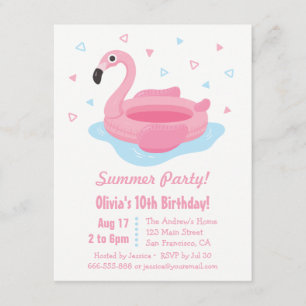 Pink Flamingo Pool Float Summer Birthday Party Invitation