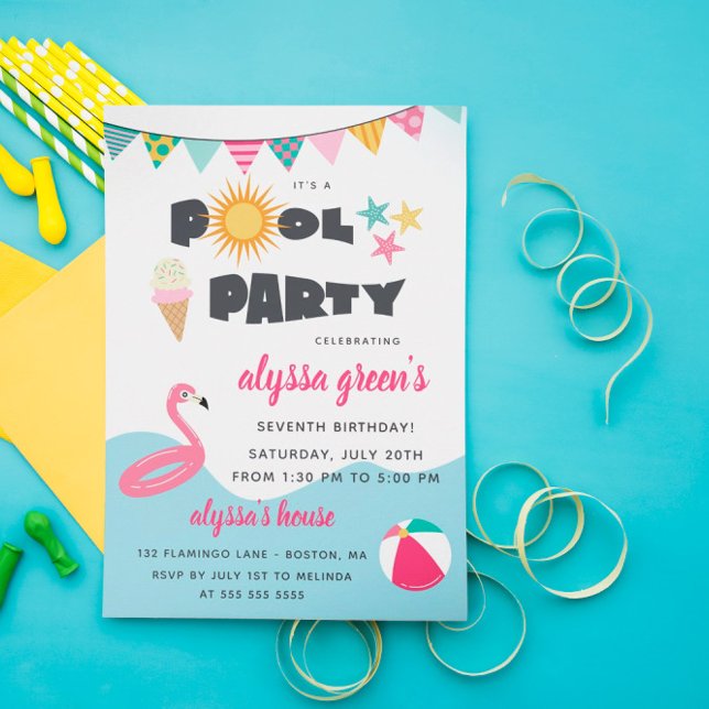 Pink Flamingo Pool Party Kid's Birthday Invitation (Creator Uploaded)