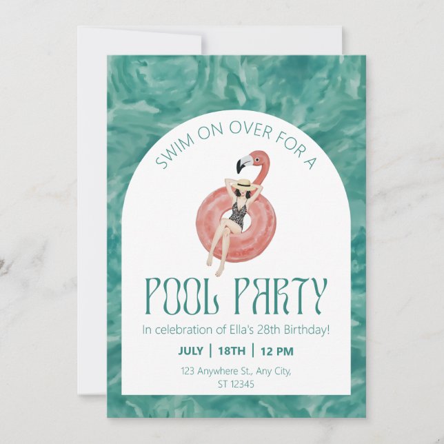 Pink Flamingo Pool Party Watercolor Invitation (Front)