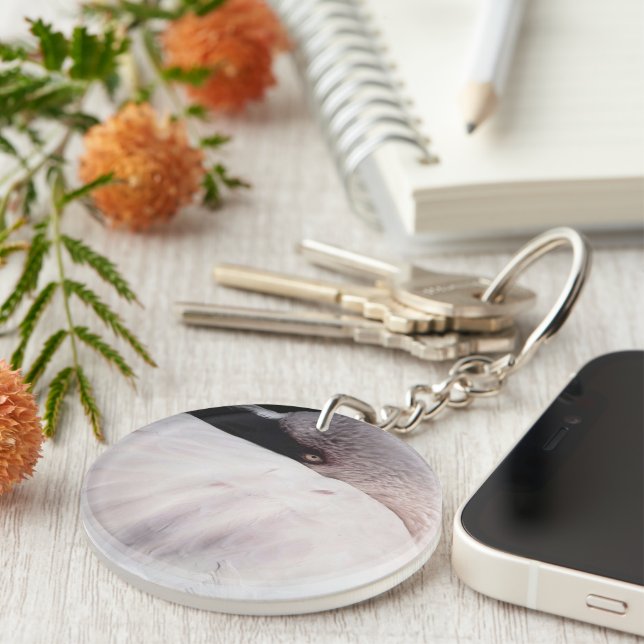 Pink Flamingo Portrait Drawing Effect Art Keychain (Front Right)