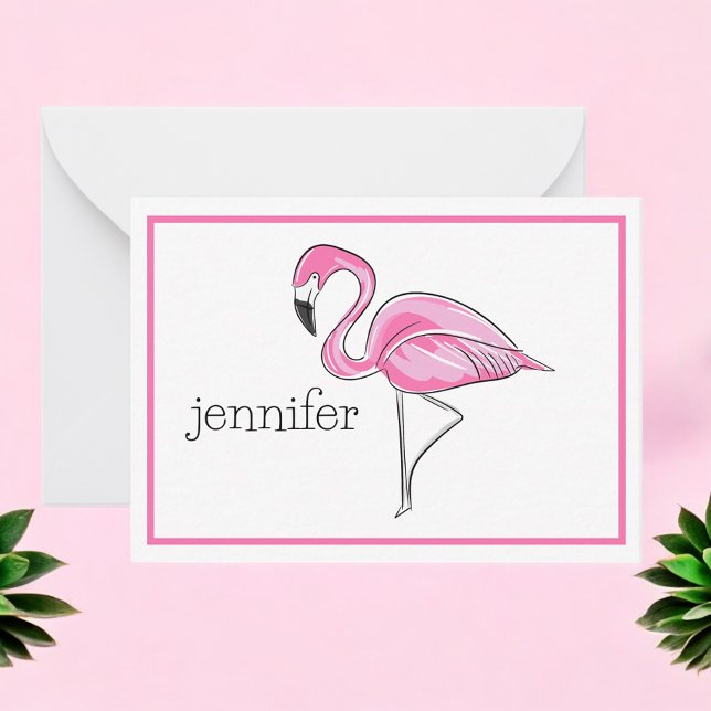 Pink Flamingo Preppy Border Personalized Card (Creator Uploaded)