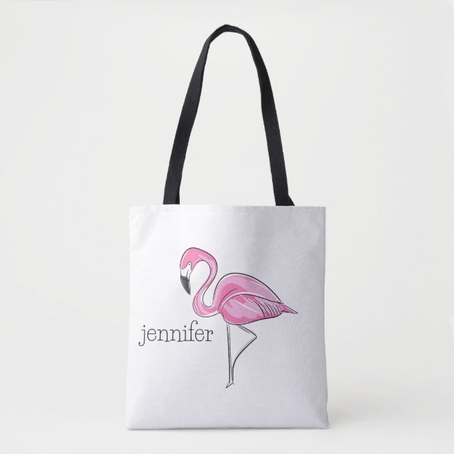 Pink Flamingo Preppy Personalized Tote Bag (Front)