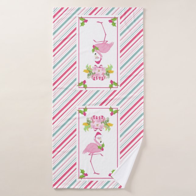 Pink Flamingo Santa Hat Candy Canes and Holly Bath Towel Set (Bath Towel)