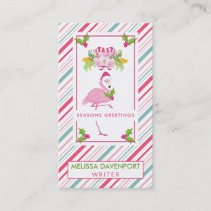 Pink Flamingo Santa Hat Candy Canes and Holly Business Card