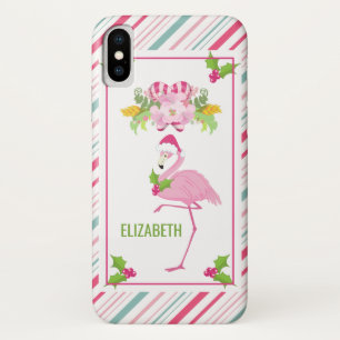 Pink Flamingo Santa Hat Candy Canes and Holly Case-Mate iPhone Case