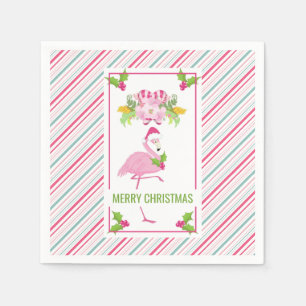 Pink Flamingo Santa Hat Candy Canes and Holly Napkin