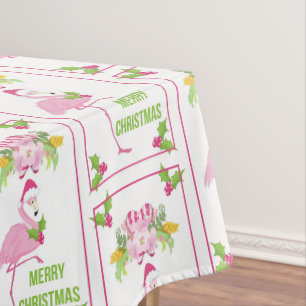 Pink Flamingo Santa Hat Candy Canes and Holly Tablecloth