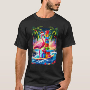 Pink Flamingo Santa Holiday Palm Tree Light Hawaii T-Shirt