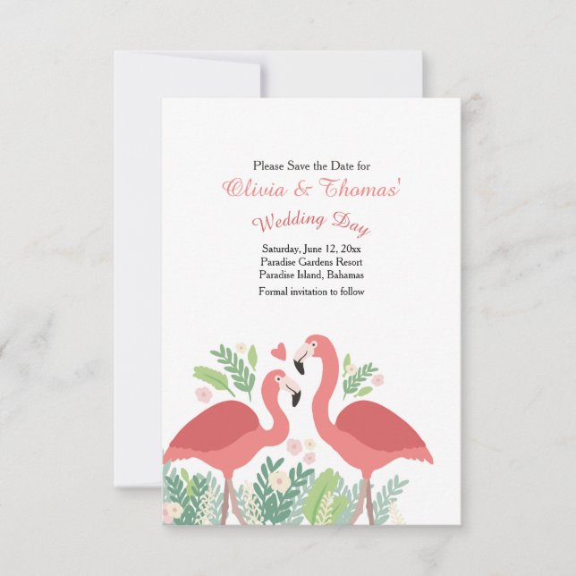 Pink Flamingo Save the Date Announcement (Front)