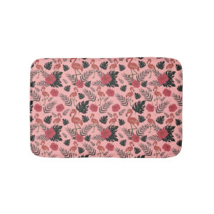 Pink flamingo seamless pattern flowers and leaves bath mat