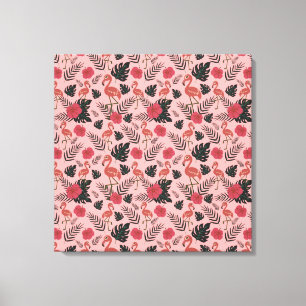 Pink flamingo seamless pattern flowers and leaves canvas print