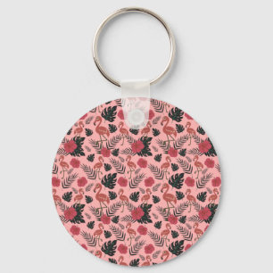 Pink flamingo seamless pattern flowers and leaves keychain