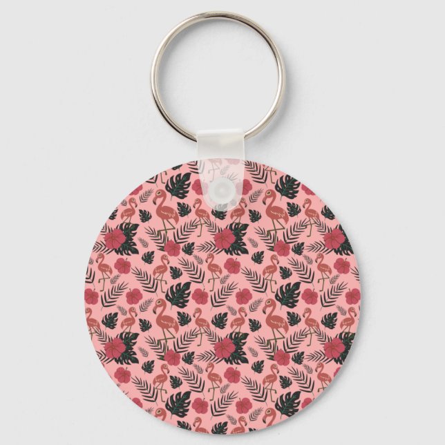 Pink flamingo seamless pattern flowers and leaves keychain (Front)