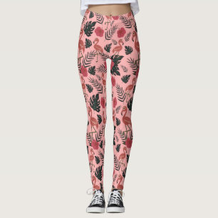 Pink flamingo seamless pattern flowers and leaves leggings
