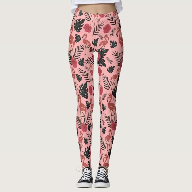 Pink flamingo seamless pattern flowers and leaves leggings (Front)