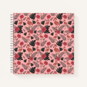 Pink flamingo seamless pattern flowers and leaves notebook