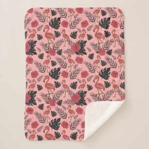 Pink flamingo seamless pattern flowers and leaves sherpa blanket
