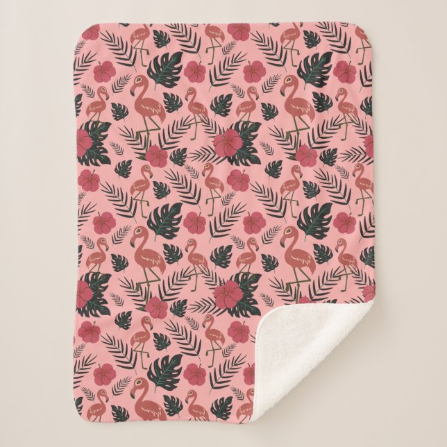 Pink flamingo seamless pattern flowers and leaves sherpa blanket (Front)