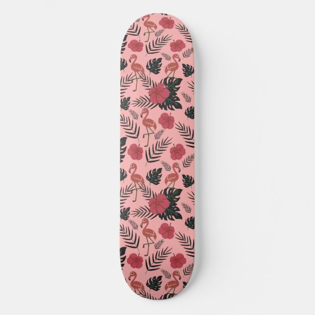 Pink flamingo seamless pattern flowers and leaves skateboard (Front)