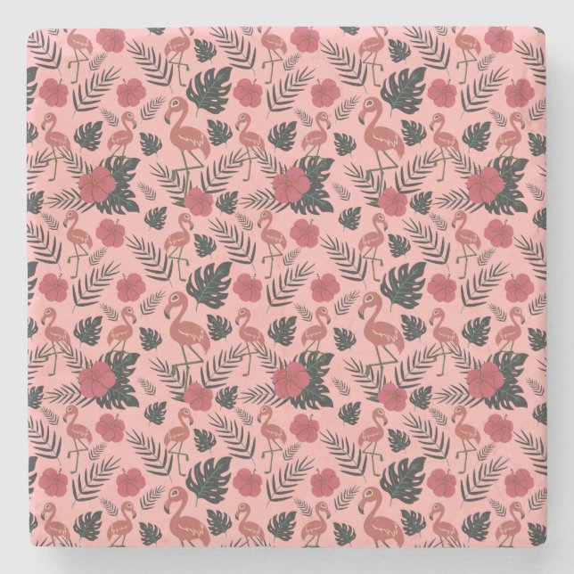 Pink flamingo seamless pattern flowers and leaves stone coaster (Front)