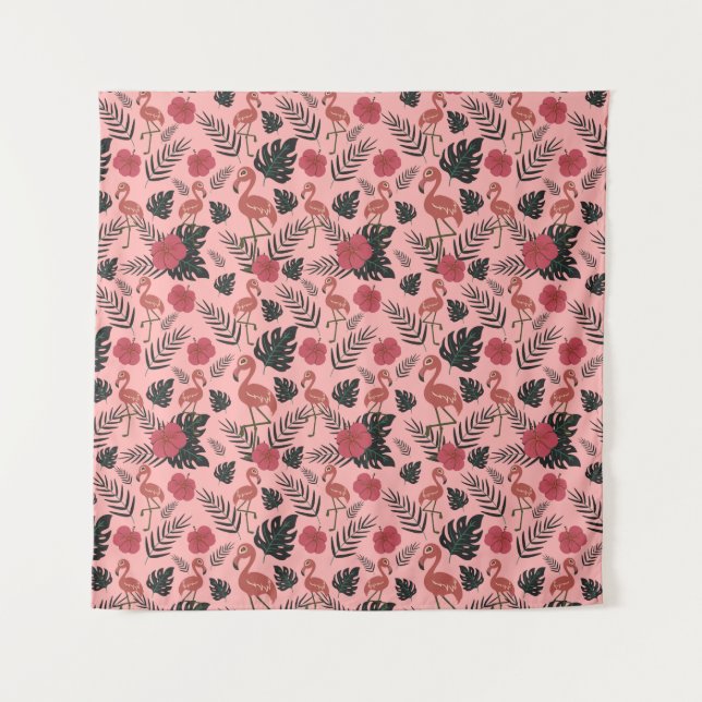 Pink flamingo seamless pattern flowers and leaves tapestry (Front)
