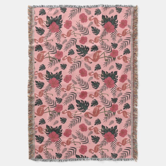 Pink flamingo seamless pattern flowers and leaves throw blanket (Front Vertical)