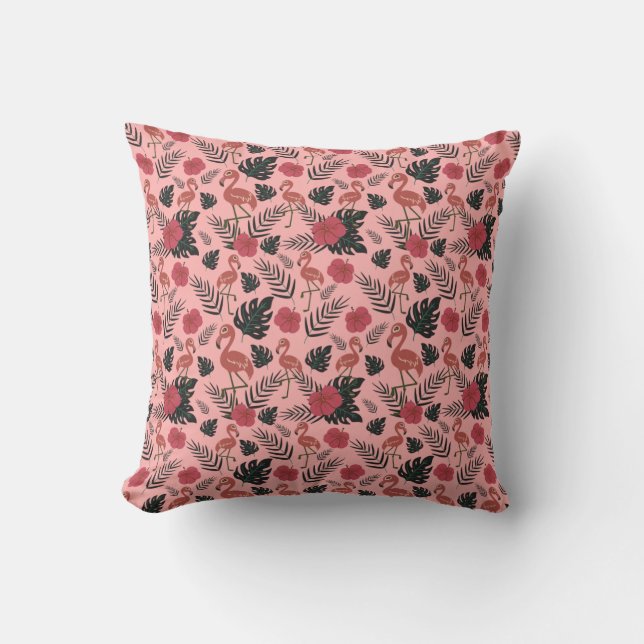 Pink flamingo seamless pattern flowers and leaves throw pillow (Front)