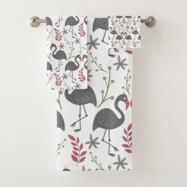 Pink flamingo seamless pattern flowers, leaves bath towel set (Insitu)
