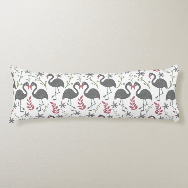 Pink flamingo seamless pattern flowers, leaves body pillow (Front)