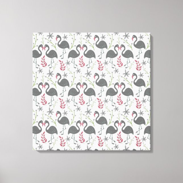 Pink flamingo seamless pattern flowers, leaves canvas print (Front)