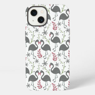Pink flamingo seamless pattern flowers, leaves iPhone 13 case