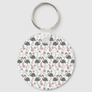 Pink flamingo seamless pattern flowers, leaves keychain