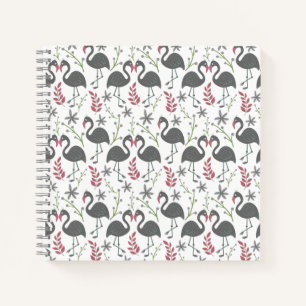 Pink flamingo seamless pattern flowers, leaves notebook