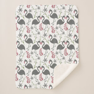 Pink flamingo seamless pattern flowers, leaves sherpa blanket